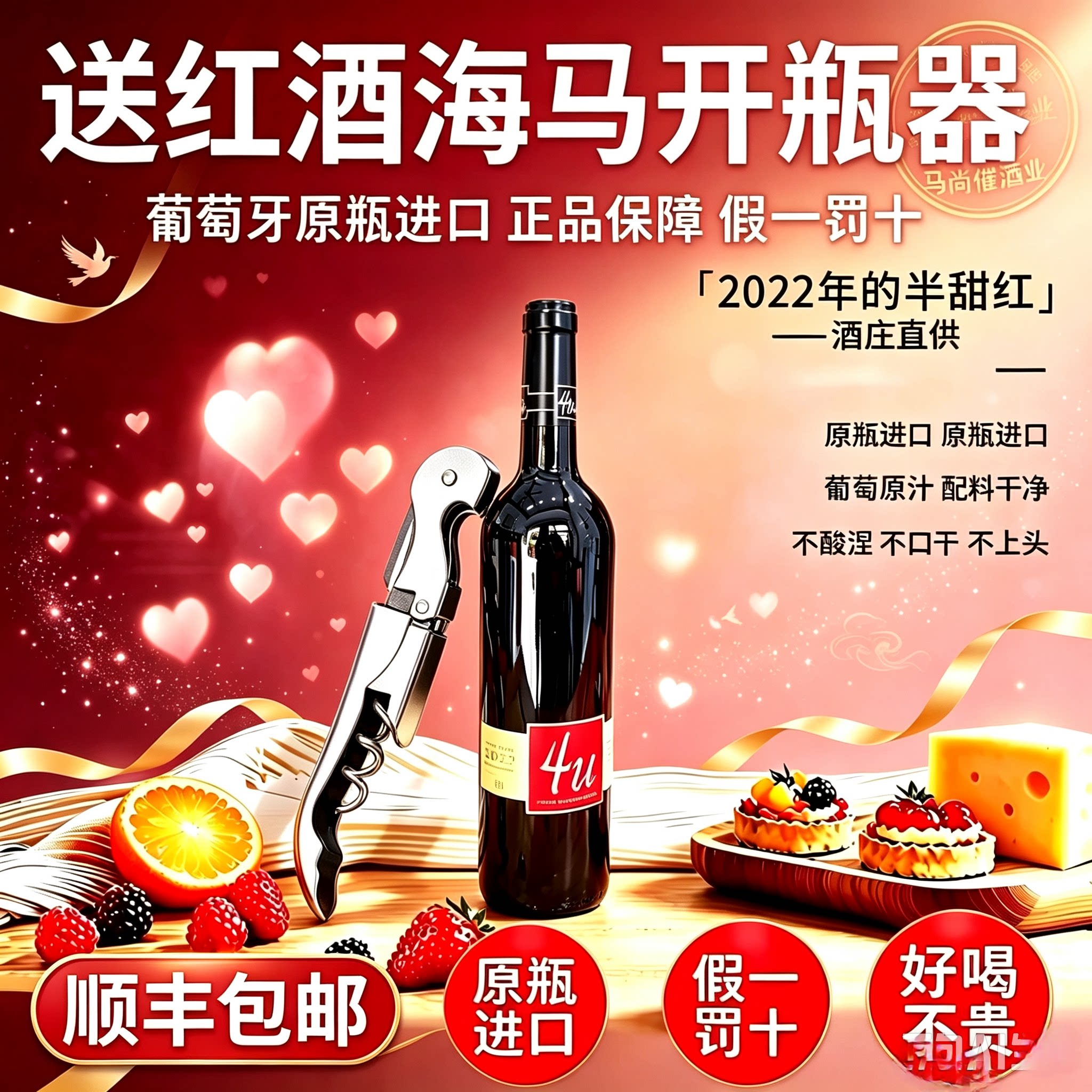 顺丰包邮4U葡萄牙原瓶进口红酒半甜型果香味浓郁婚礼中秋国庆送礼