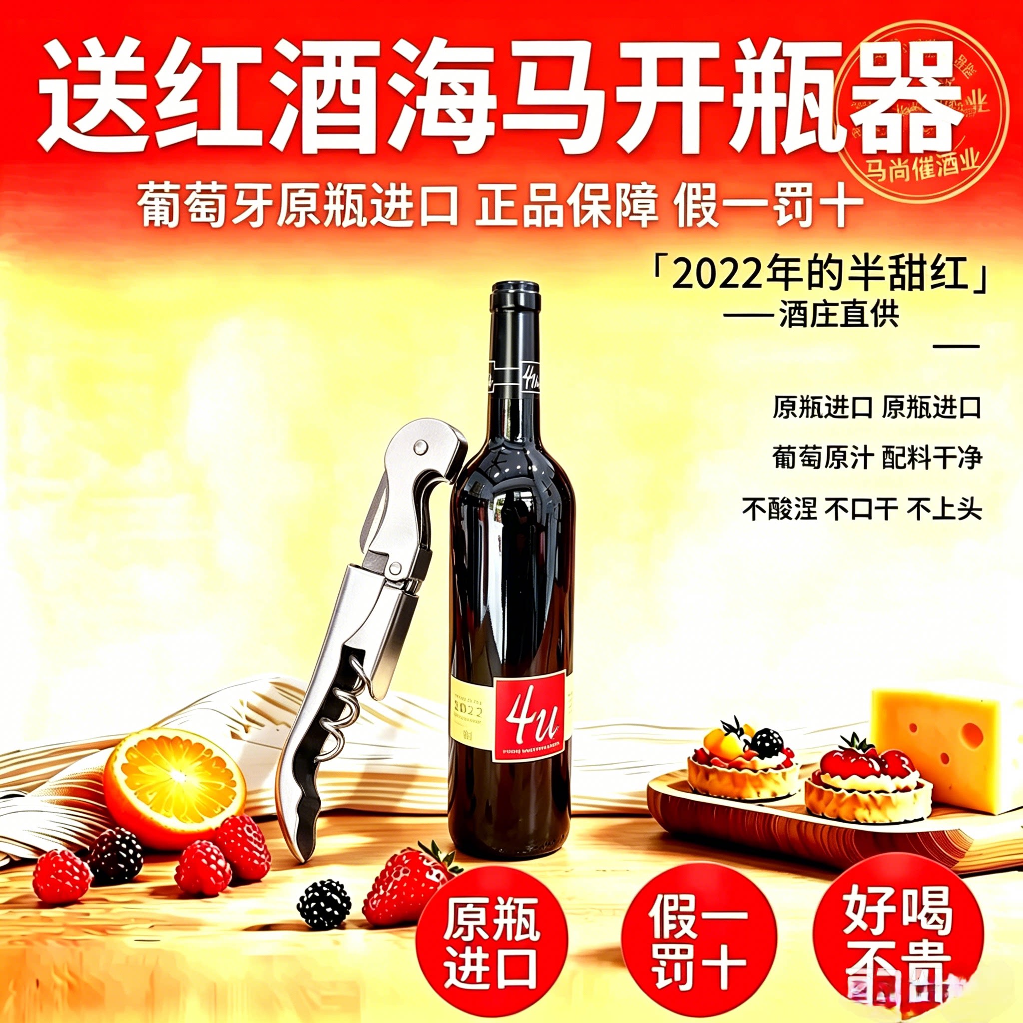 顺丰包邮4U葡萄牙原瓶进口红酒半甜型果香味浓郁新手婚礼自饮佳品