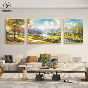 饰画沙发背景墙挂画轻奢高级感新款 客厅装 风景油画大气三联画