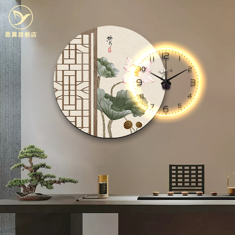 新中式荷花圆形玄关装饰画平安时钟led发光餐厅壁画钟表组合挂画图片