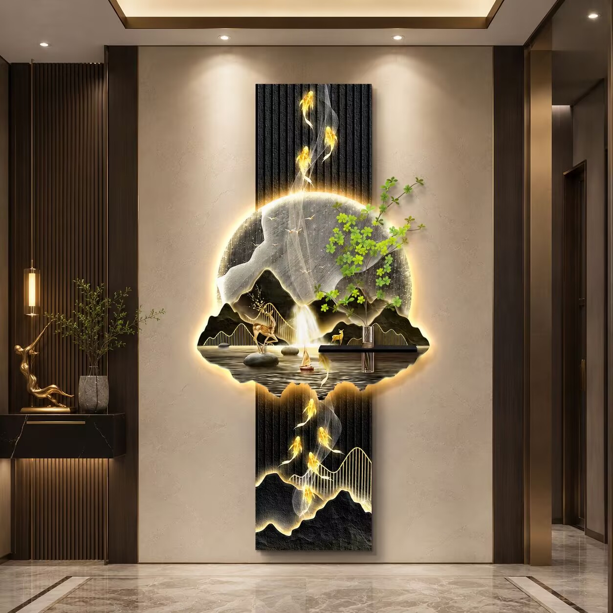 九鱼图玄关装饰画水培绿植灯画图片