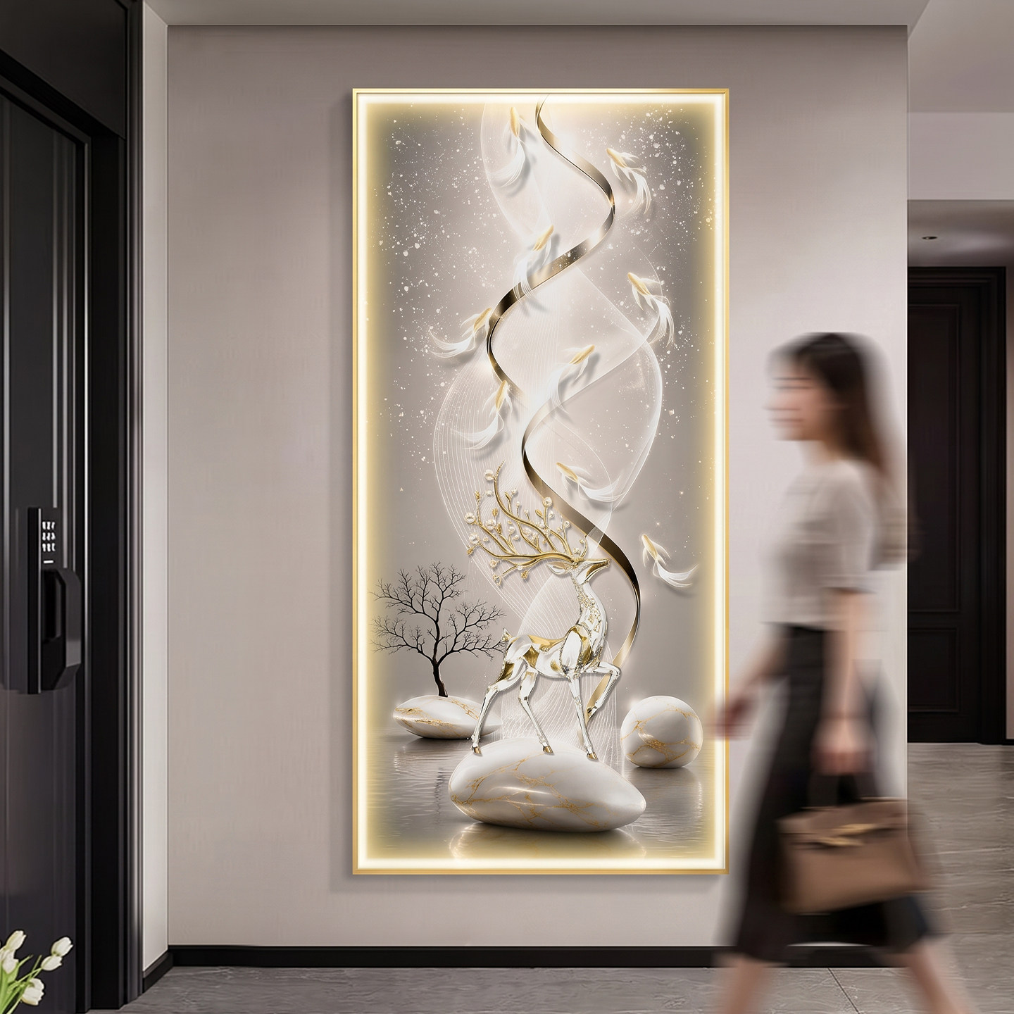 带灯镶钻九鱼图玄关立体挂画图片