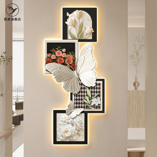 法式中古风入户玄关装饰画蝴蝶花卉挂画客厅壁灯走廊正对门壁画