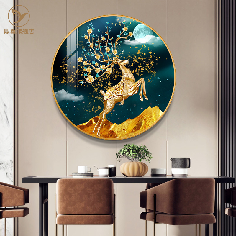欧式玄关装饰画圆形鹿招财走廊过道挂画客厅餐厅镶钻壁画高档大气图片