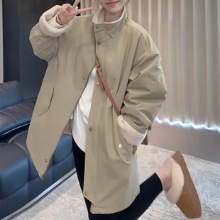 羊羔毛拼接风衣派克服 外套女2024新款 韩系立领加绒加厚中长款 冬季