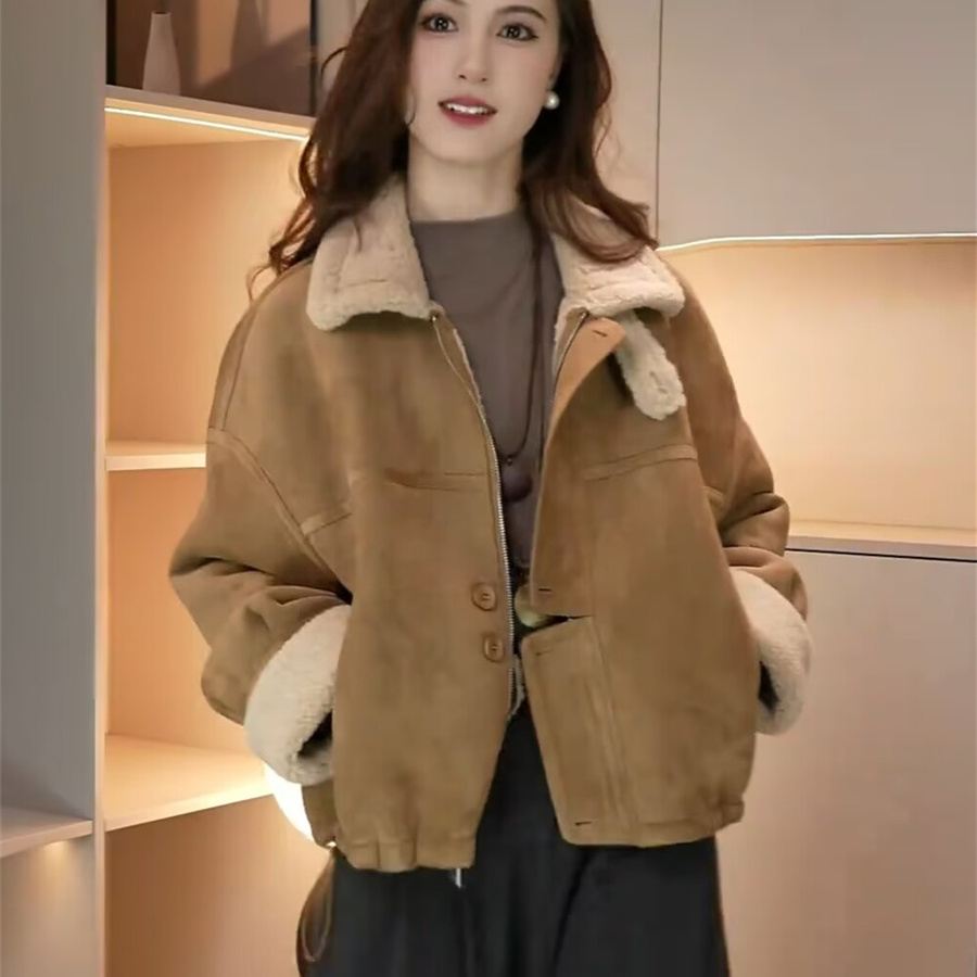加厚保暖皮毛一体短款外套
