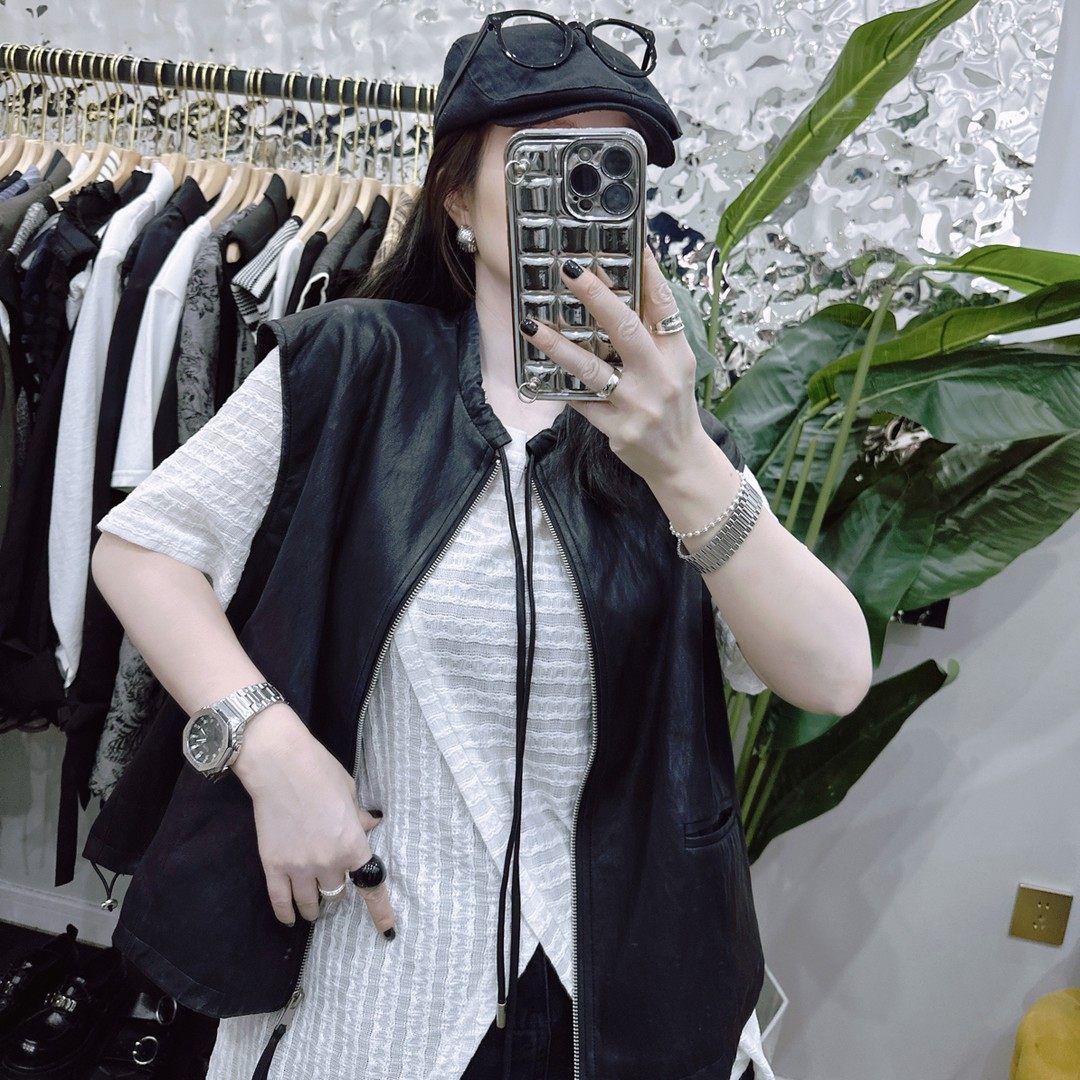 高端欧货时尚洋气圆领拉链抽绳水洗pu皮衣内格子马甲女外套上衣,女装/女士精品,马夹,淘宝优惠券,粉丝福利购,淘宝优惠卷