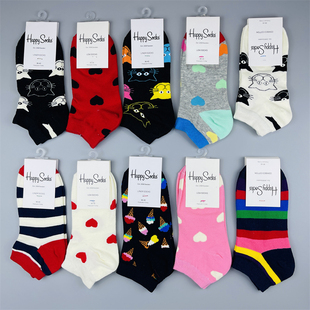 HappySocks短袜女士棉经典 情侣袜网红潮袜 猫咪波点爱心条纹四季 款