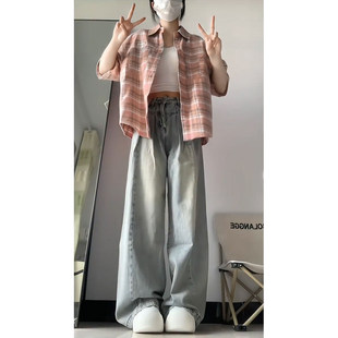 2026美式高街牛仔裤女夏季薄款宽松设计感小众直筒阔腿长裤子春秋