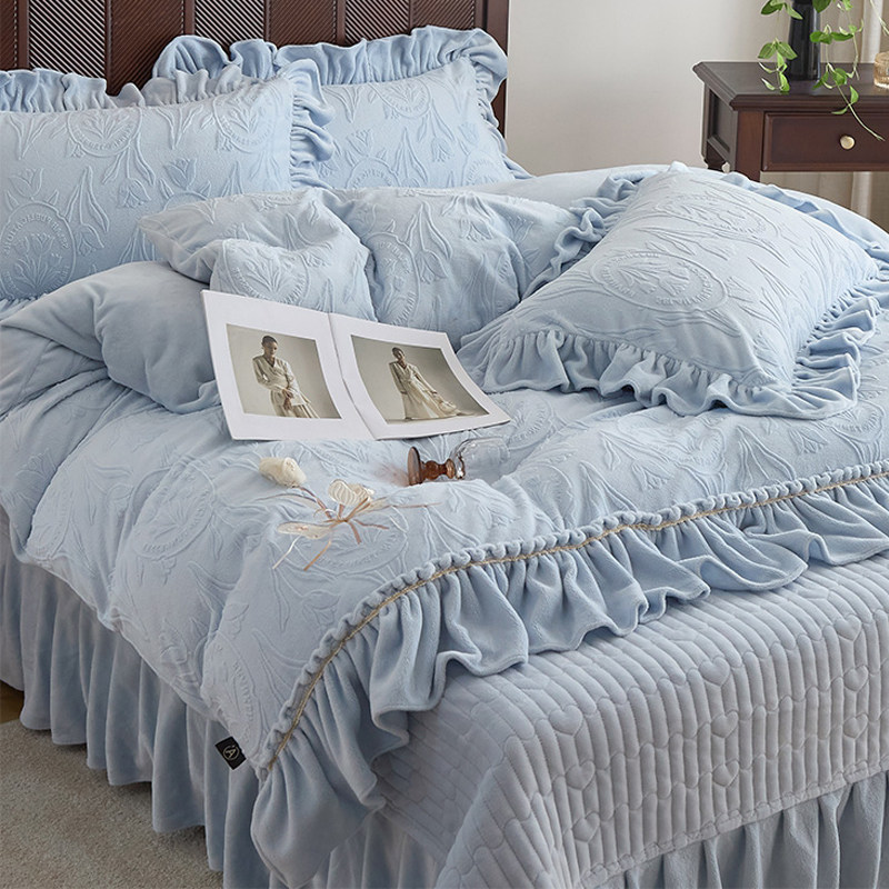 韩式雕花牛奶绒床盖款四件套冬季毛绒加厚夹棉床裙珊瑚绒加绒被套
