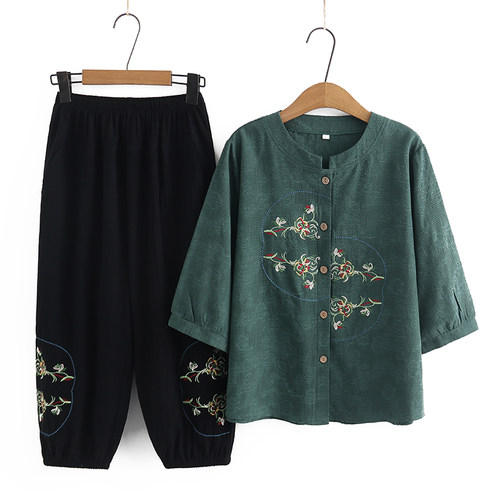 母亲节衣服七分袖绣花棉麻套装女