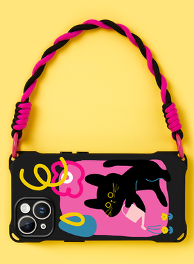 适用华为mate50pro黑色手机壳卡通可爱mate60斜挎式挂脖Pura70 Ultra手提带挂绳p40创意黑猫mate30背带潮流女