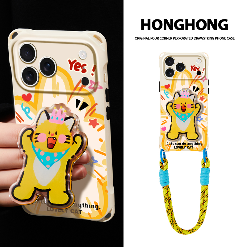 原创充满力量猫适用苹果17promax华为mate70手机壳14小众新款pura80斜挎手提iphone15plus卡通可爱支架16pro