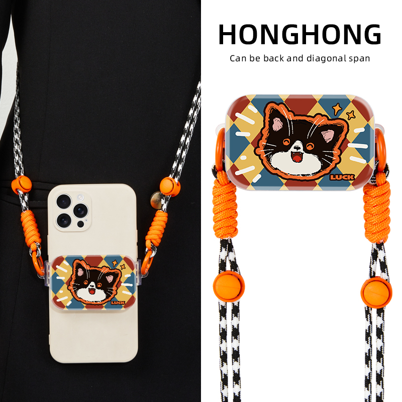 原创格子奶牛猫适用手机背夹斜挎式高级感挂脖可调节背带防丢女款创意夹子ins小众潮流带挂绳镜面苹果手机夹