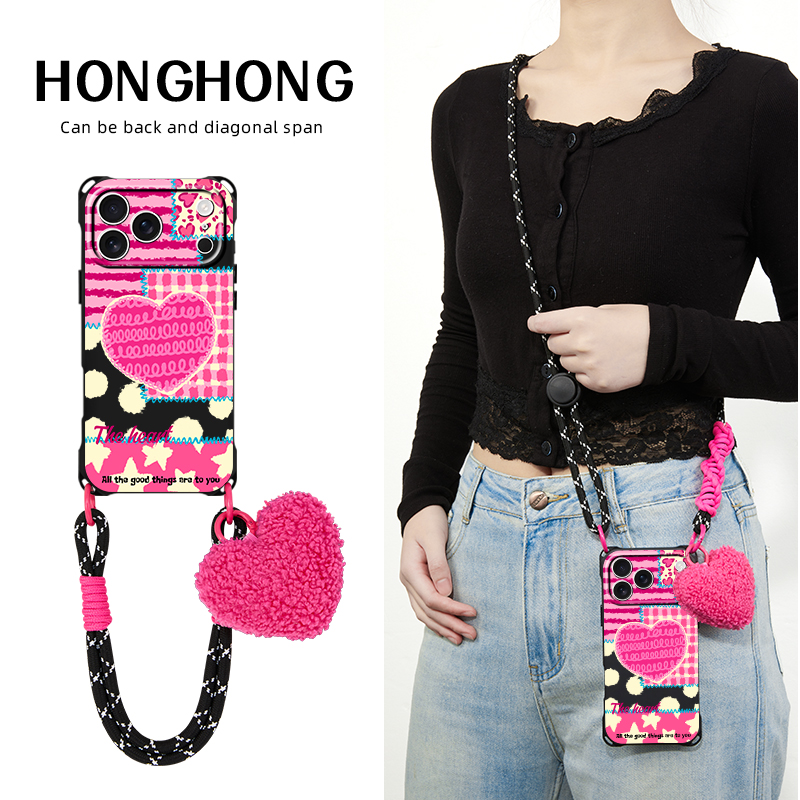 原创爱心拼贴适用华为pura80ultra苹果17promax手机壳创意挂件mate70斜挎手提iphone15plus小众挂绳16pro背带