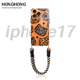 原创豹纹新款适用苹果17promax透明手机壳全包防摔16pro挂脖斜挎式iphone14女款背带挂绳15腕带手提ins13可背