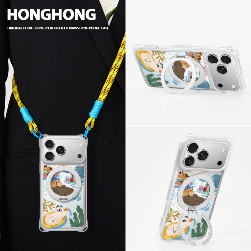 原创海洋动物适用苹果17promax手机壳360度旋转支架一体iphone16新款支点15Pro卡通女透明挂绳14斜挎背带情侣