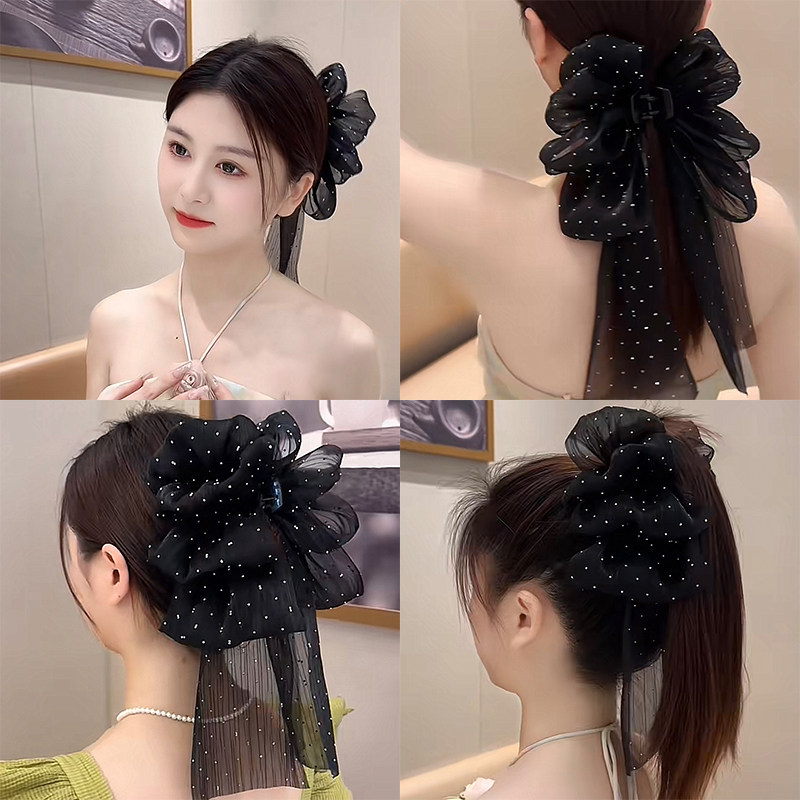 森系满天星飘带网纱蝴蝶结抓夹女后脑勺半扎发发夹气质鲨鱼夹头饰