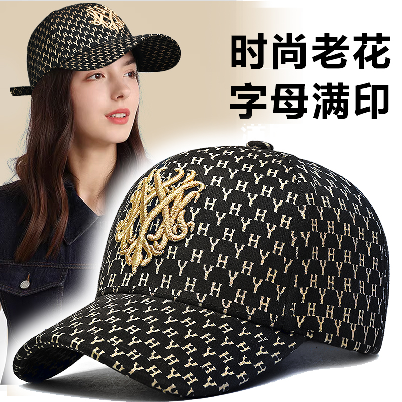 正品高档复古老花硬顶棒球帽潮百搭遮阳帽修饰脸型满印刺绣鸭舌帽