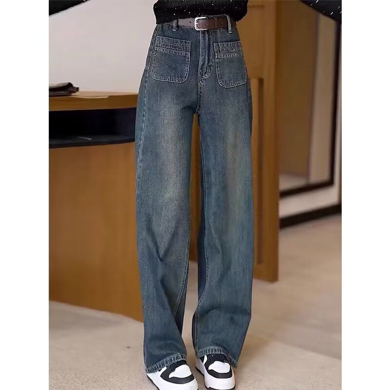 大码复古高腰直筒牛仔裤女秋冬胖mm设计感宽松显瘦阔腿拖地长裤子