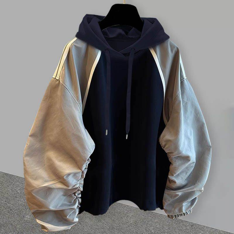 褶皱袖子撞色拼接连帽卫衣男秋季新款潮流设计感休闲宽松百搭外套,女装/女士精品,卫衣/绒衫,淘宝优惠券,粉丝福利购,淘宝优惠卷