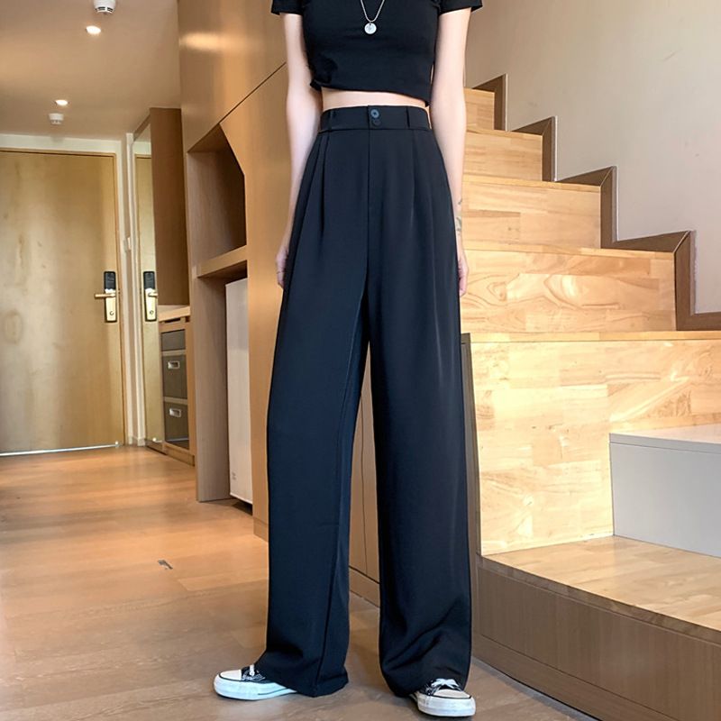 新款百搭高腰垂感西装休闲裤女秋冬宽松裤子黑色拖地直筒长裤