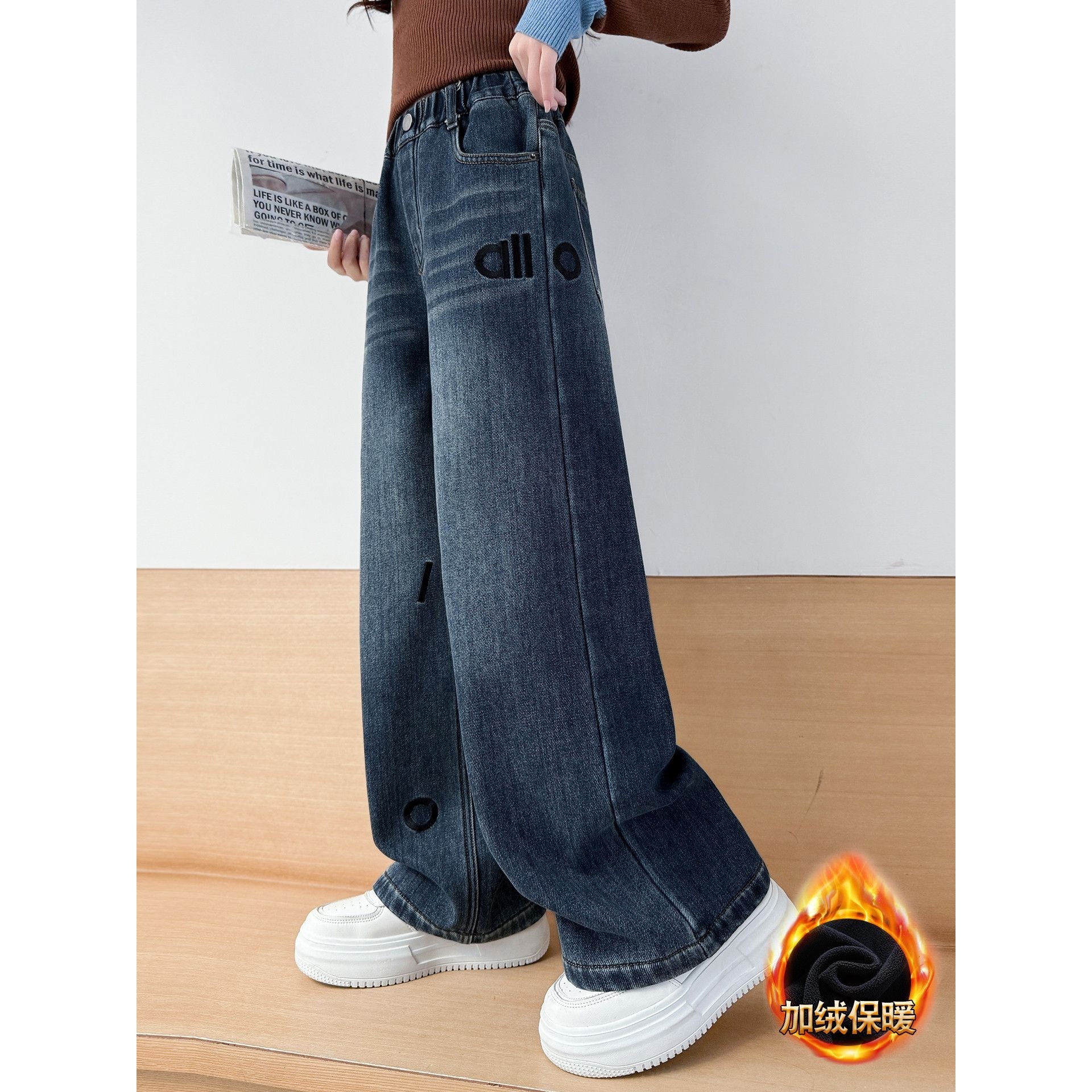 女童加绒牛仔裤秋冬2025新款儿童一体绒裤子女孩大童初中生阔腿裤