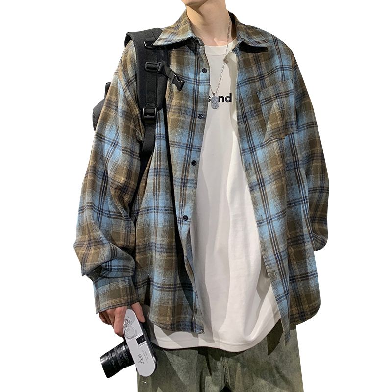 复古格子衬衫男长袖春夏季高级感痞帅宽松衬衣美式休闲青少年外套