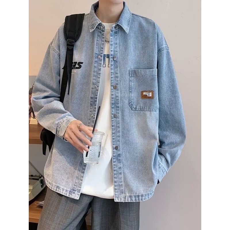 牛仔外套男长袖衬衫春秋青少年时尚印花潮流百搭休闲夹克上衣宽松