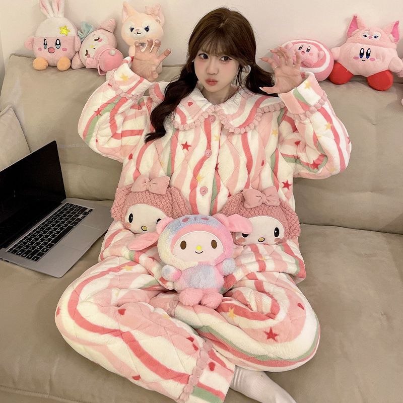 冬季三层夹棉睡衣女珊瑚绒娃娃领加厚加绒甜美风少女棉袄保暖睡衣