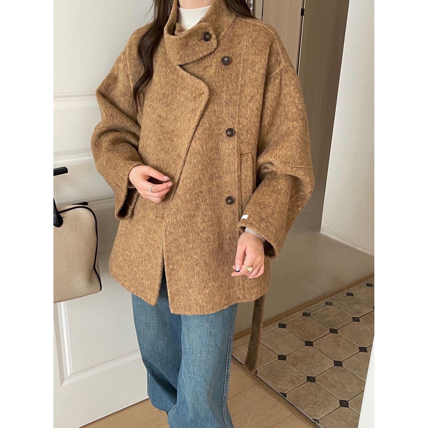 新款韩版复古气质温柔立领斜扣设计宽松毛昵外套大衣女双面羊绒,女装/女士精品,毛呢外套,淘宝优惠券,粉丝福利购,淘宝优惠卷