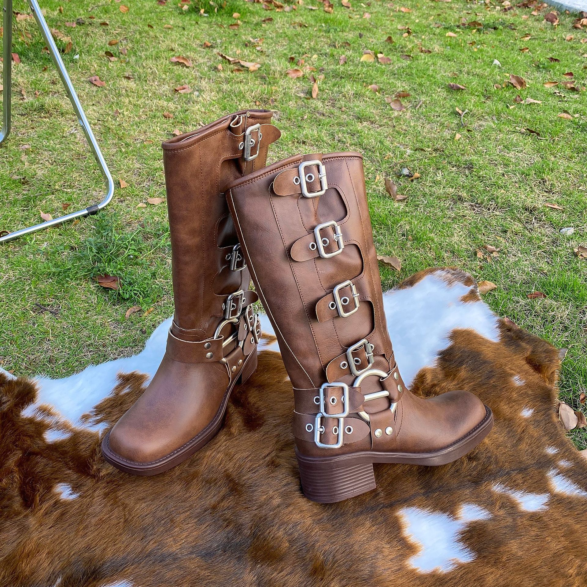 皮带扣复古高筒靴时装靴女靴子新款长筒靴粗跟西部靴增高皮靴