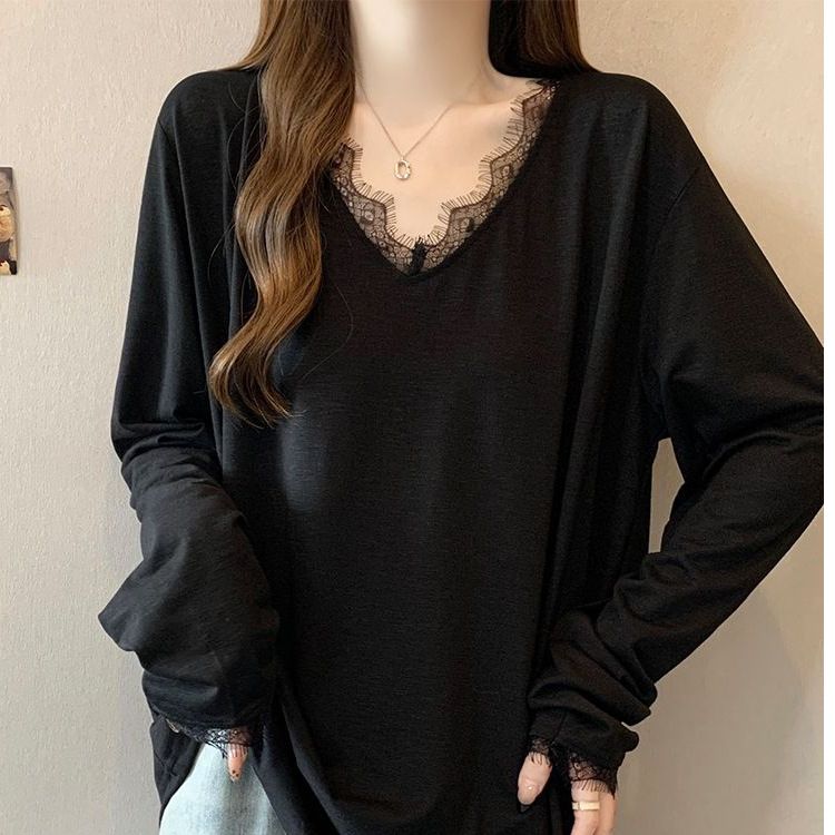 v领t恤大码女秋冬新款蕾丝拼接打底衫气质休闲慵懒长袖T恤上衣潮