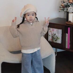女童百搭拉链大翻领羊毛套头毛衣2025春季新款儿童韩系休闲上衣潮