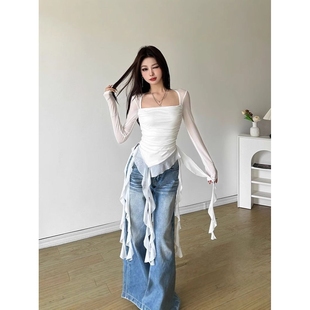 辣妹风仙气飘飘荷叶边方领显瘦长袖t恤女网纱纯欲性感设计感上衣