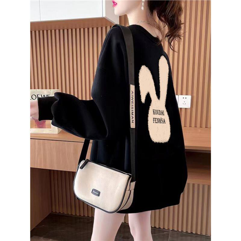 黑色圆领卫衣女秋冬加绒加厚休闲慵懒风200斤宽松大码女装外套潮