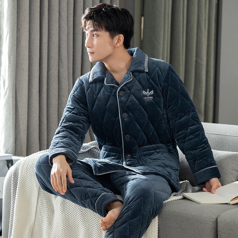 睡衣男冬季三层加绒加厚珊瑚绒夹棉保暖法兰绒年新款冬家居服