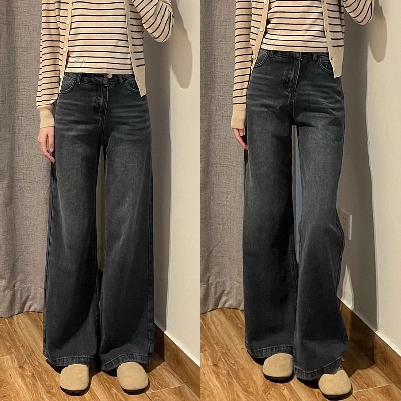 高级灰牛仔裤女2025秋冬新款大码黑灰色设计感直筒阔腿裤显瘦裤