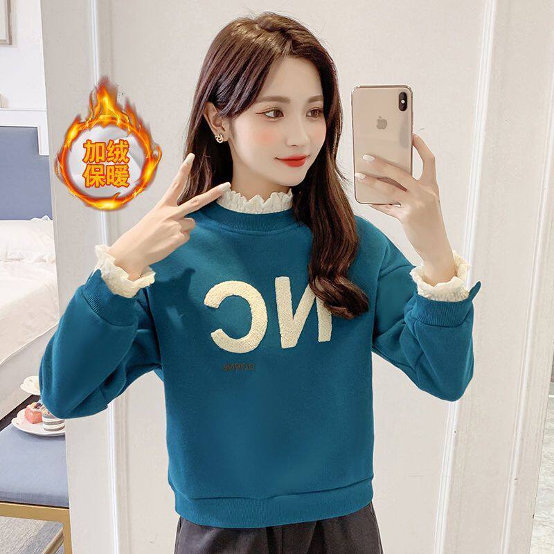 加绒卫衣女小个子短款新款冬季加厚宽松花边多巴胺假两件上衣