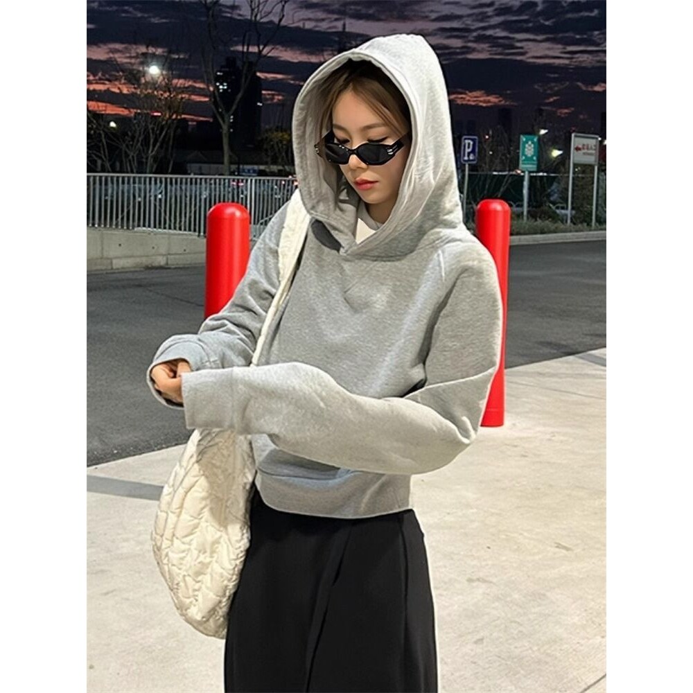短款正肩卫衣女秋季连帽高级感女款小个子即墨灰色上衣2025新款