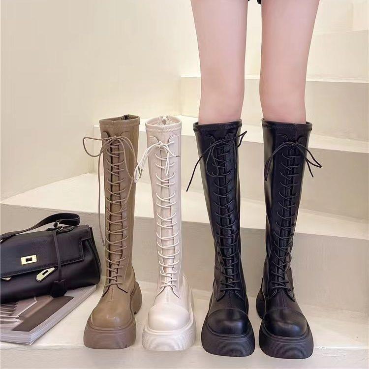 长筒靴女骑士靴年秋冬新款白色厚底长靴粗腿系带高筒马丁靴子