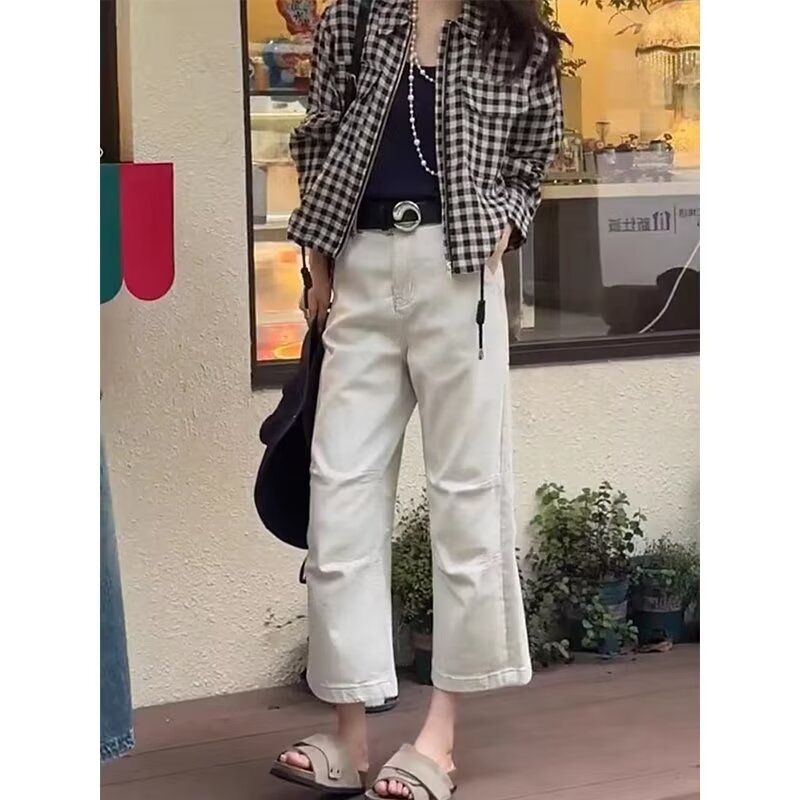 大码白色牛仔裤女秋季薄款胖mm小个子宽松显瘦高腰八分直筒阔腿裤