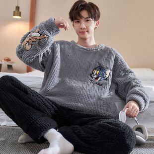 睡衣男珊瑚绒冬季加绒加厚款保暖高中学生青少年法兰绒家居服男孩
