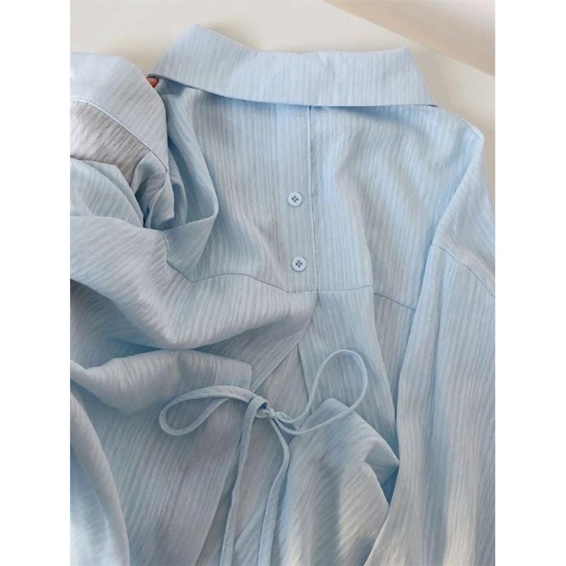 小清新浅蓝色长袖衬衫女新款春夏季薄款晒上衣韩版休闲衬衣外套