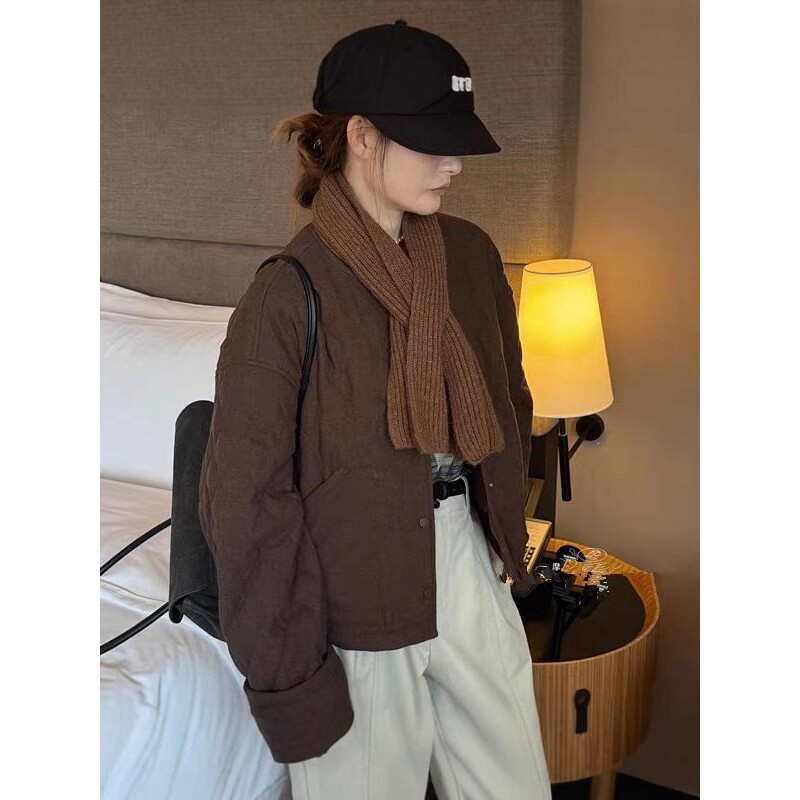 韩系2025秋冬新款搭配围巾夹棉短外套女短款上衣棉服圆领夹克棉衣