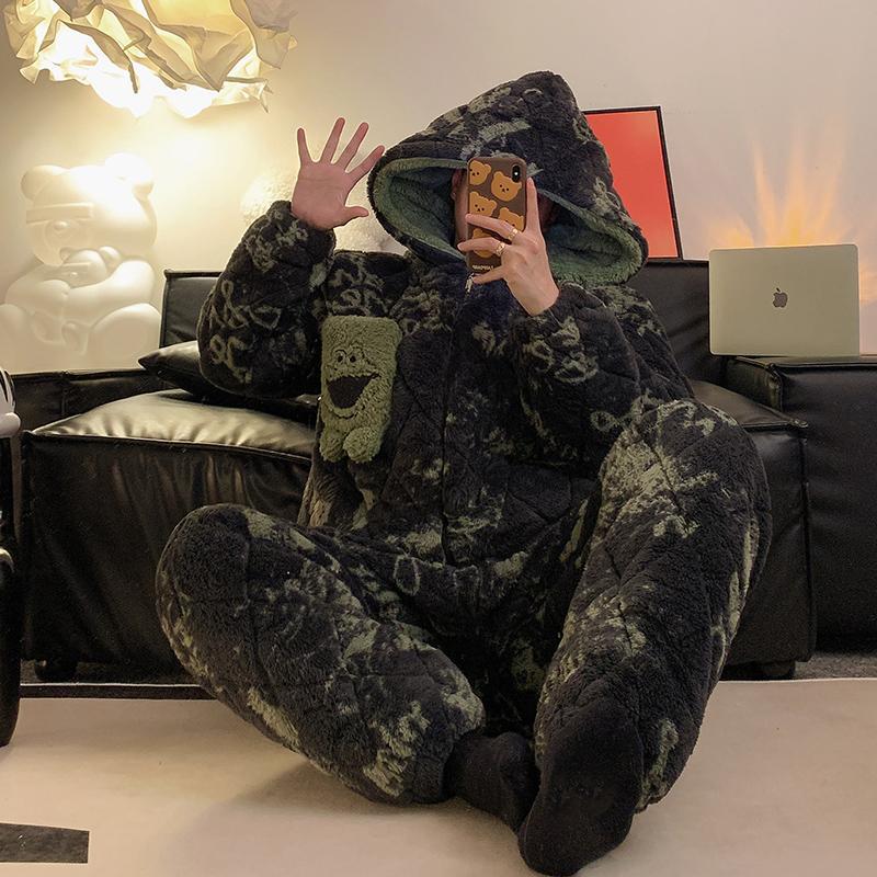 睡衣男秋冬季加厚加绒珊瑚绒三层夹棉袄男士冬款天超厚保暖家居服