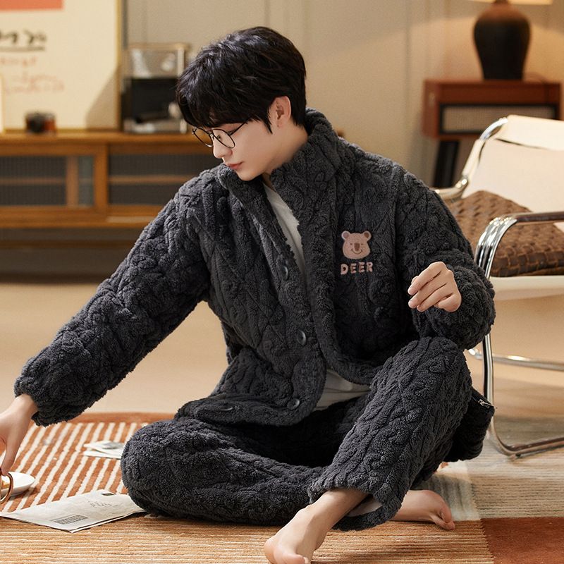 新款珊瑚绒睡衣男三层夹棉加绒加厚秋冬青少年外穿家居服套装