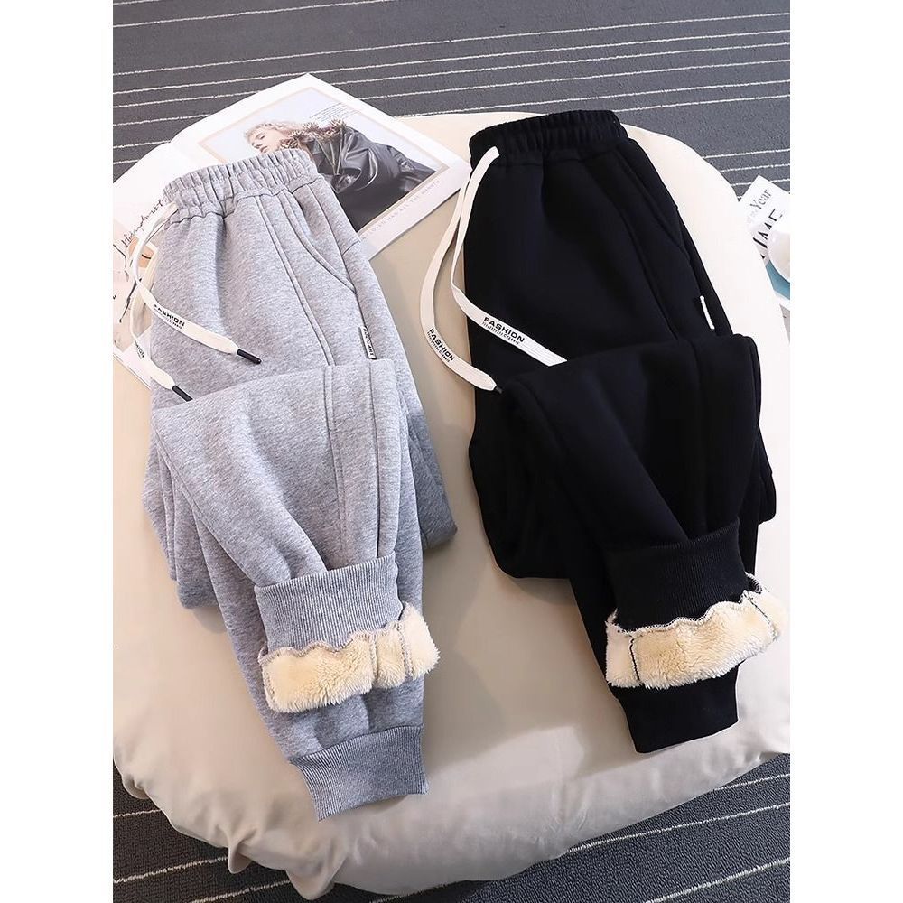 加绒运动裤女秋冬季宽松束脚羊羔绒裤子加厚女裤新款休闲卫裤