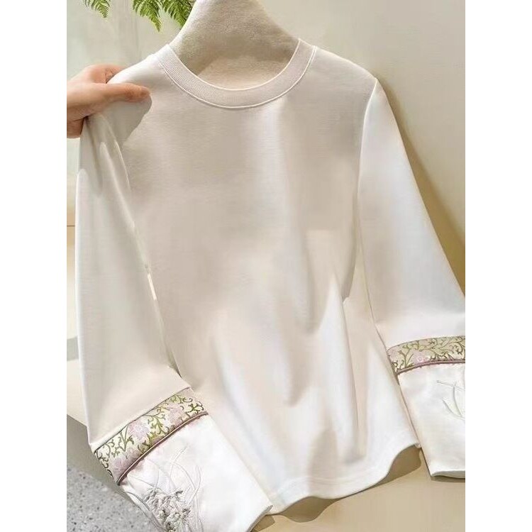 纯棉新中式国风刺绣白色拼接新款袖口春秋2025长袖上衣打底T恤女