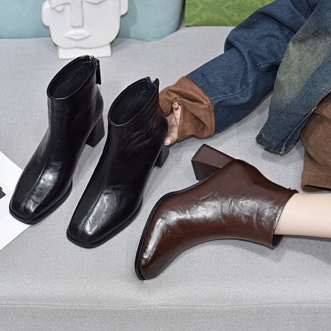 高跟方头短靴女真皮粗跟瘦瘦靴百搭单靴马丁靴踝靴加绒短筒时装靴